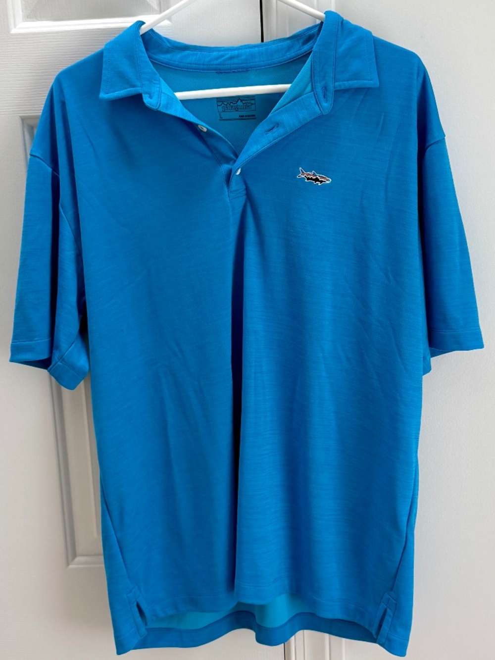 Men’s Patagonia Fitz Roy Trout Polo Shirt Large Blue Organic Cotton